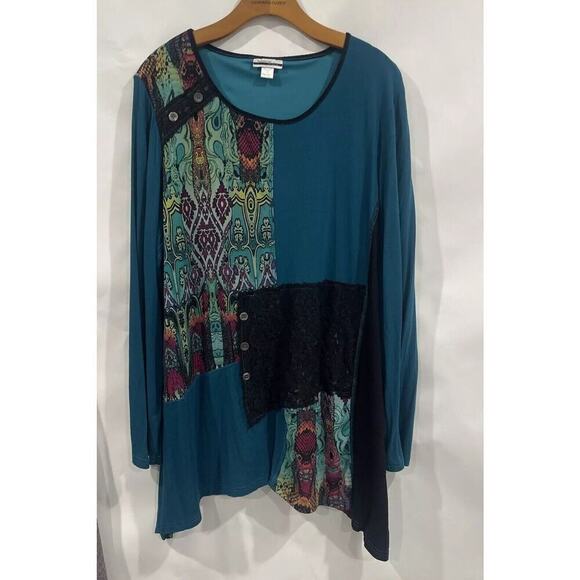 Women 2XL Patchwork Long Sleeve Tunic Boho Artsy Lace Round Neck Cottagecore - Picture 1 of 9